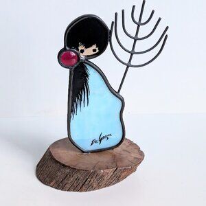 DeGrazia Stained Glass Figurine, Girl With Menorah Festival Of Light Signed